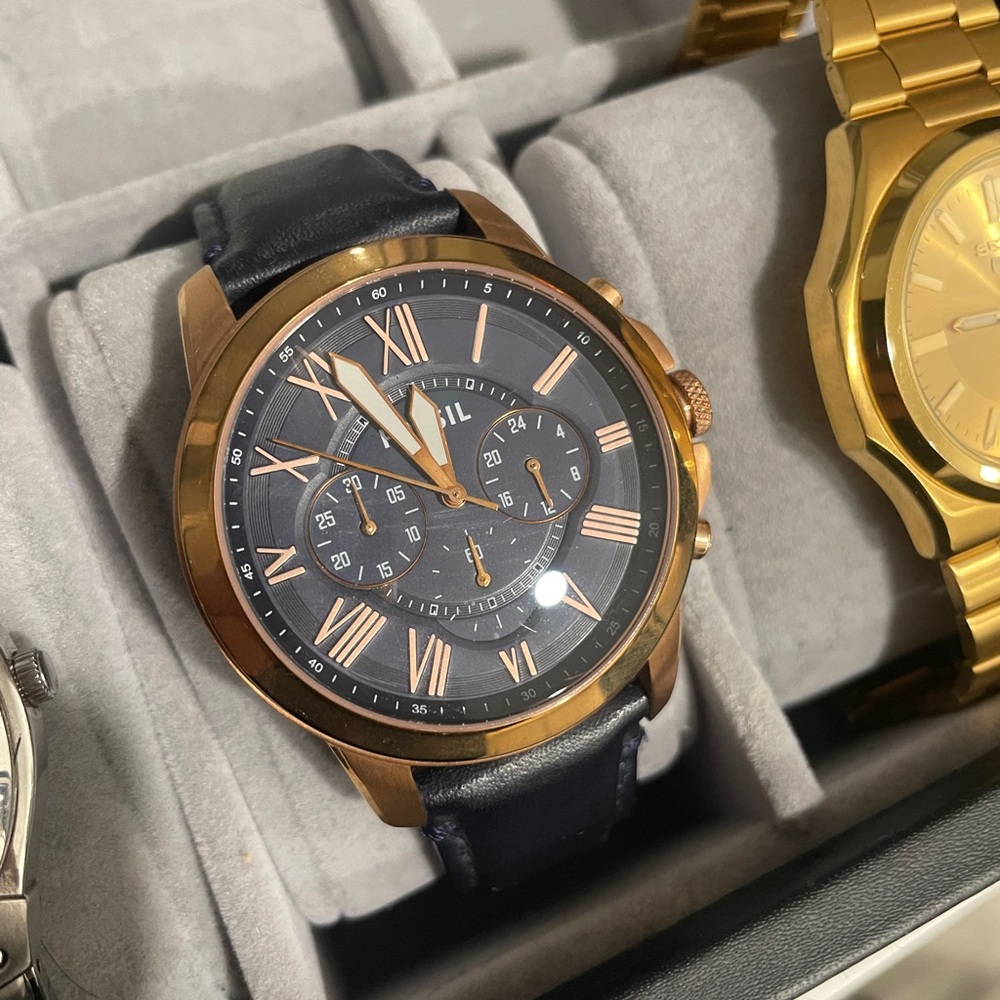 Fossil Grant Chronograph Navy Leather Watch